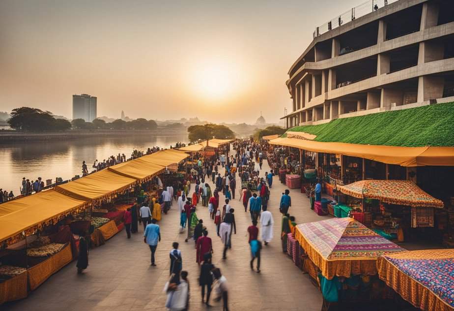 The Sabarmati Riverfront bustles with vibrant cultural and social activities, featuring open-air markets, performance spaces, and green promenades