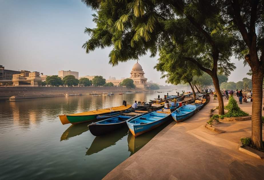 The bustling Sabarmati Riverfront features vibrant recreational facilities and a lively atmosphere. Boats, gardens, and promenades line the river, creating a picturesque scene for visitors to enjoy