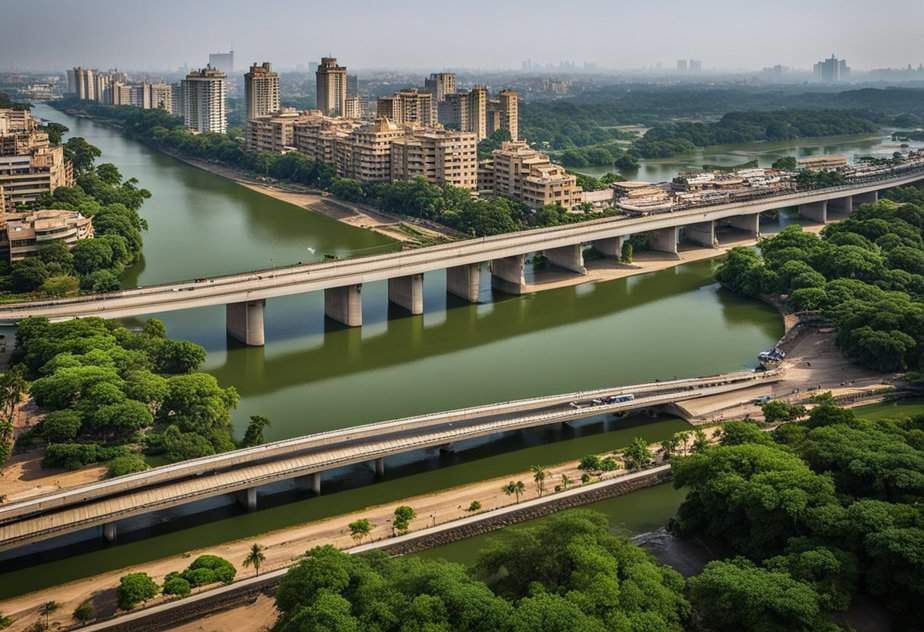 The Sabarmati River flows through the urban landscape, flanked by greenery and modern architecture. A bridge spans the river, with boats cruising along the water