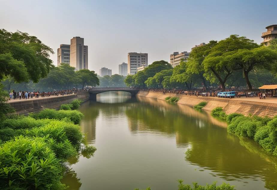 The Sabarmati River flows gently through the bustling city of Ahmedabad, flanked by vibrant greenery and modern architecture, with people strolling along its serene promenade